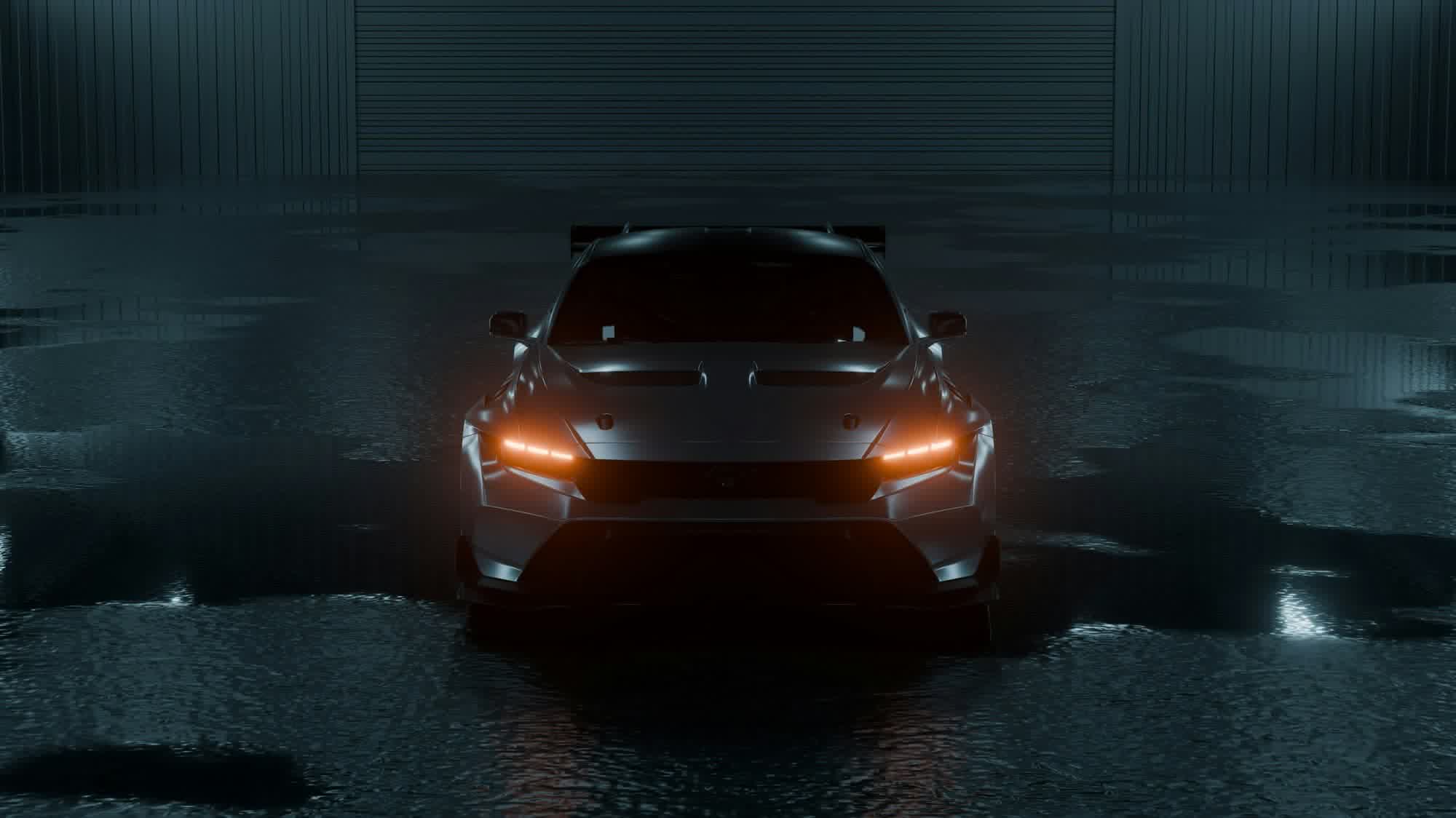 A car standing alone on a dark studio floor with the bay door shut behind it